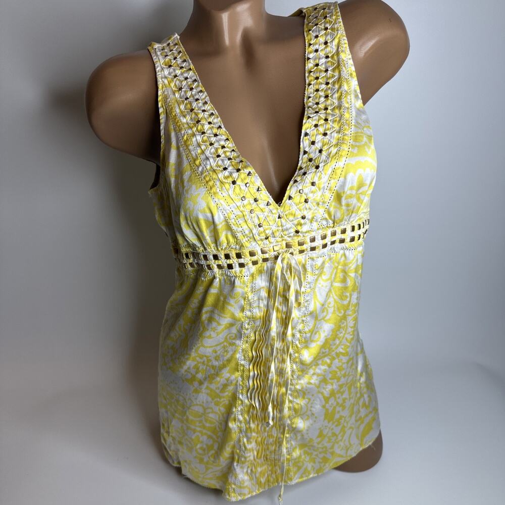 Express Design Studio VTG Express Womans Size Medium Beaded Yellow White Silk